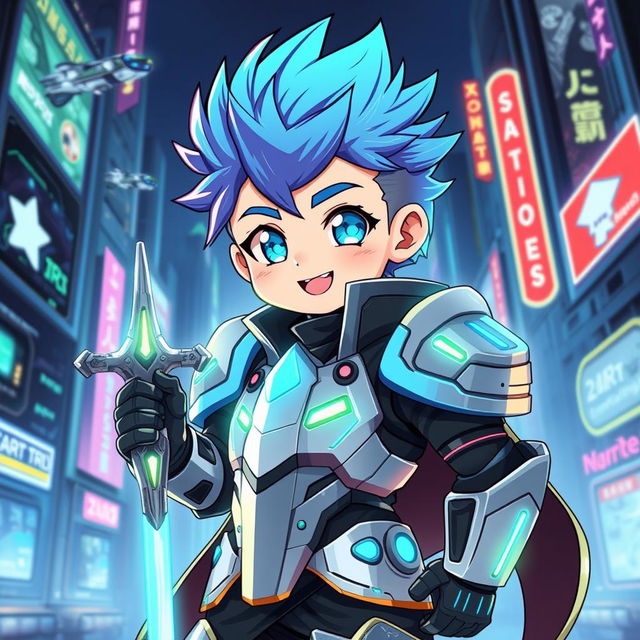 A cyber knight anime-style character, featuring a cute boy with bright, expressive eyes and a charming smile