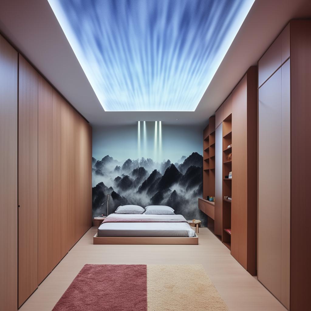 Imagine a large room with a cloud fresco on the ceiling. A bed is mounted in the middle of a wall, next to a wide mirror and a multi-compartment wardrobe. The floor is a cushy mat, with a landscape of a waterfall opposite the bed. An empty wall, with a gradient of light to dark colors, compliments a large study table and shelving units on another wall.