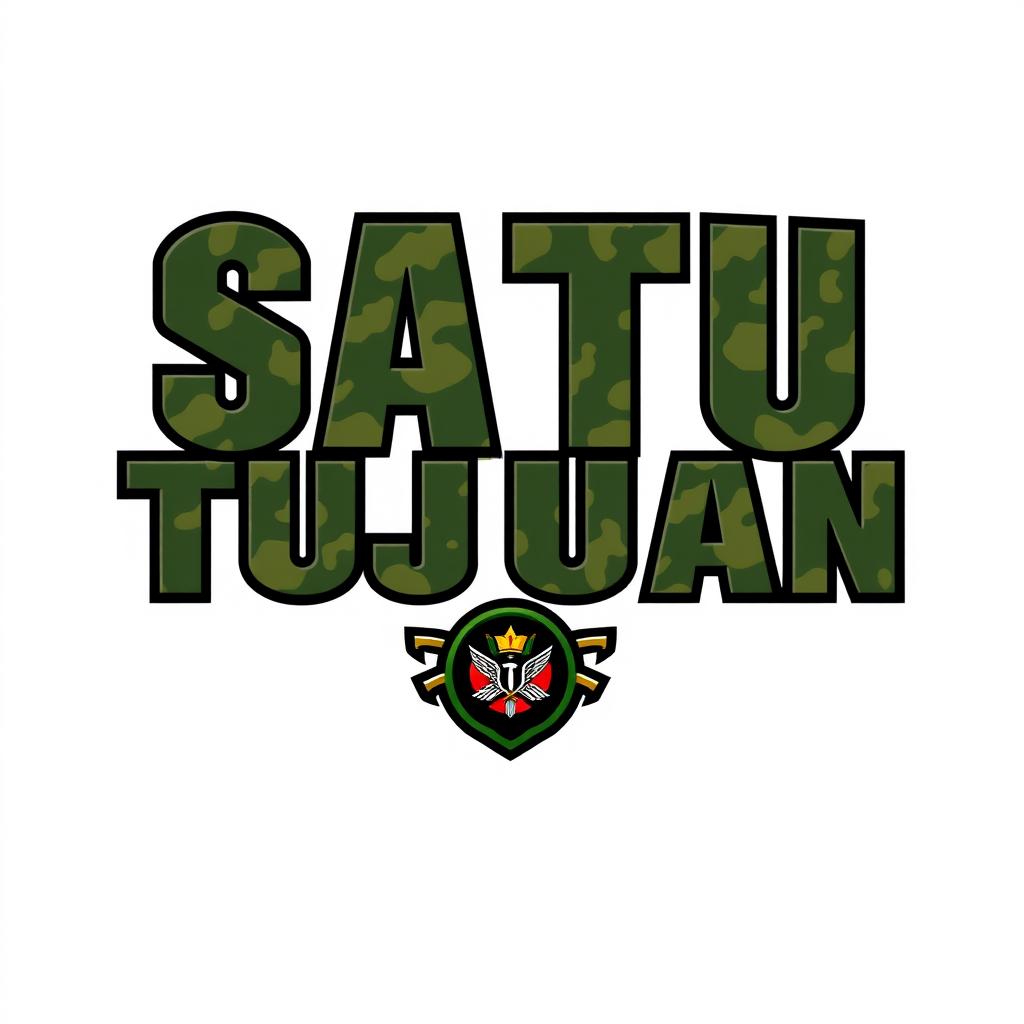 A logo design featuring the bold and powerful text 'SATU TUJUAN' prominently displayed, styled in a military theme that reflects the essence of the Indonesian army