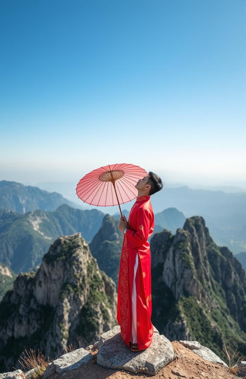 A Chinese young man dressed in a vibrant red hanfu, holding a traditional umbrella
