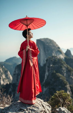 A Chinese young man dressed in a vibrant red hanfu, holding a traditional umbrella