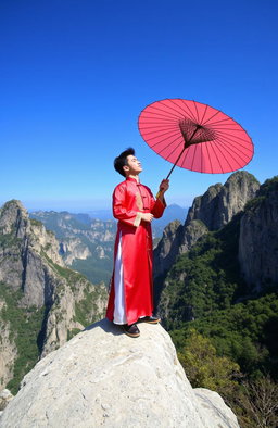 A Chinese young man dressed in a vibrant red hanfu, holding a traditional umbrella