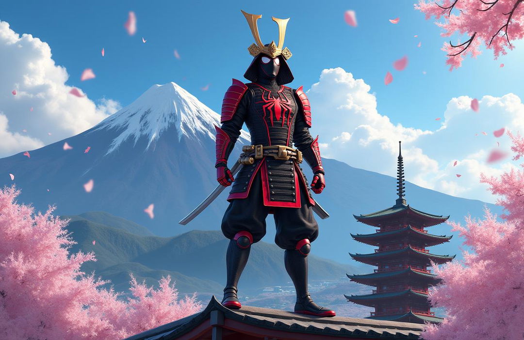 An impressive illustration of Samurai Spider-Man, merging traditional samurai armor with the iconic Spider-Man suit