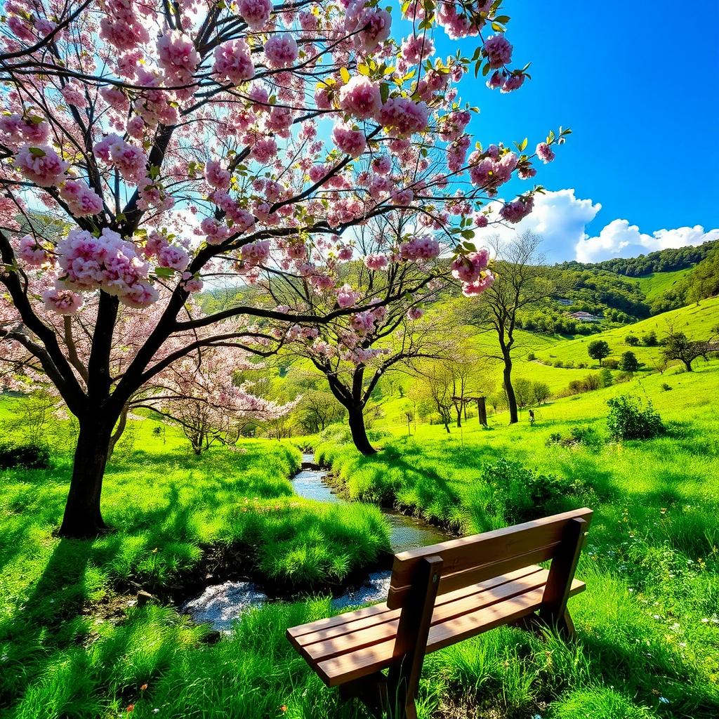 A serene forest landscape in spring, featuring blooming cherry blossom trees with pink flowers, a small clear stream flowing through the scene, and dappled sunlight filtering through the dense green foliage