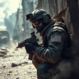 A highly detailed image of a Call of Duty soldier in full tactical gear, crouched behind cover in a gritty urban battlefield environment