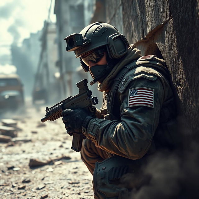 A highly detailed image of a Call of Duty soldier in full tactical gear, crouched behind cover in a gritty urban battlefield environment