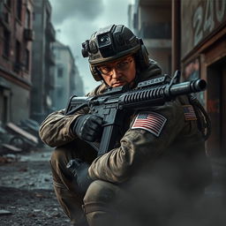 A highly detailed image of a Call of Duty soldier in full tactical gear, crouched behind cover in a gritty urban battlefield environment