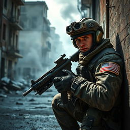 A highly detailed image of a Call of Duty soldier in full tactical gear, crouched behind cover in a gritty urban battlefield environment