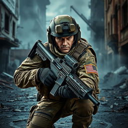 A highly detailed image of a Call of Duty soldier in full tactical gear, crouched behind cover in a gritty urban battlefield environment