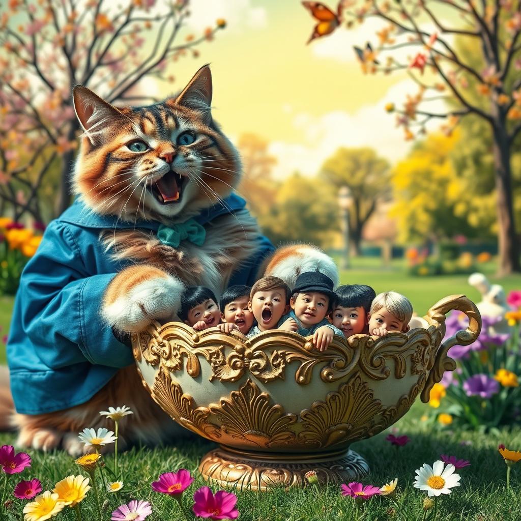 A whimsical scene featuring a large, human-sized cat dressed in human clothing, playfully interacting with a unique bowl