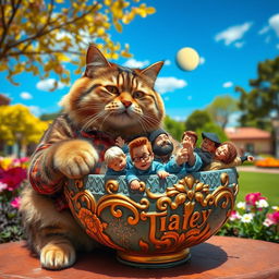 A whimsical scene featuring a large, human-sized cat dressed in human clothing, playfully interacting with a unique bowl