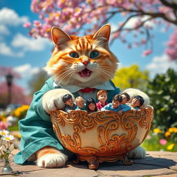 A whimsical scene featuring a large, human-sized cat dressed in human clothing, playfully interacting with a unique bowl
