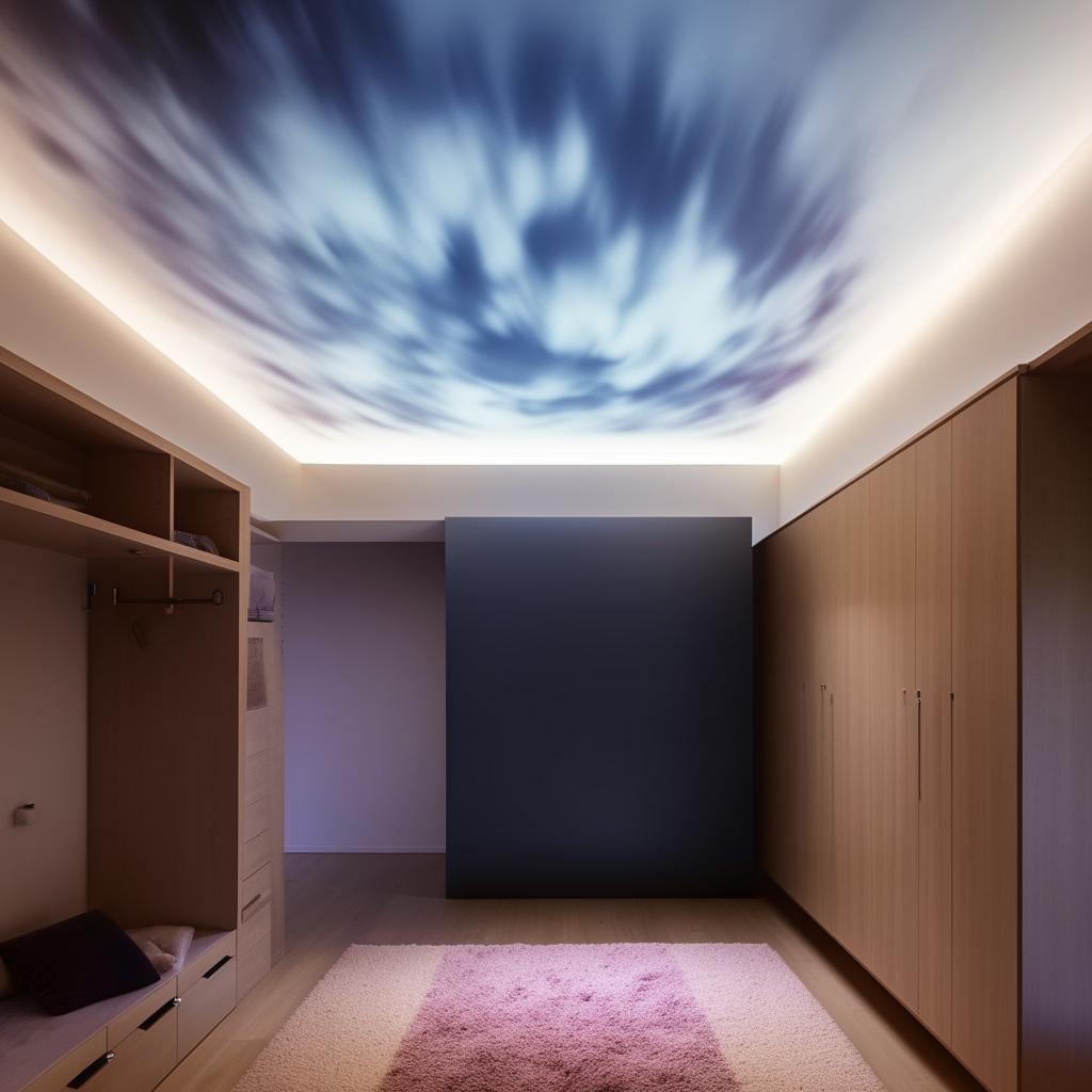 Create an image of a large room with a cloud-adorned ceiling. There's a bed attached to the wall in the middle, beside a vast mirror and a multi-compartment wardrobe. The floor boasts a cozy mat with a wall waterfall facing the bed. One wall, painted with a gradient of light and dark, is empty. The final elements include a substantial study table and wall shelves.