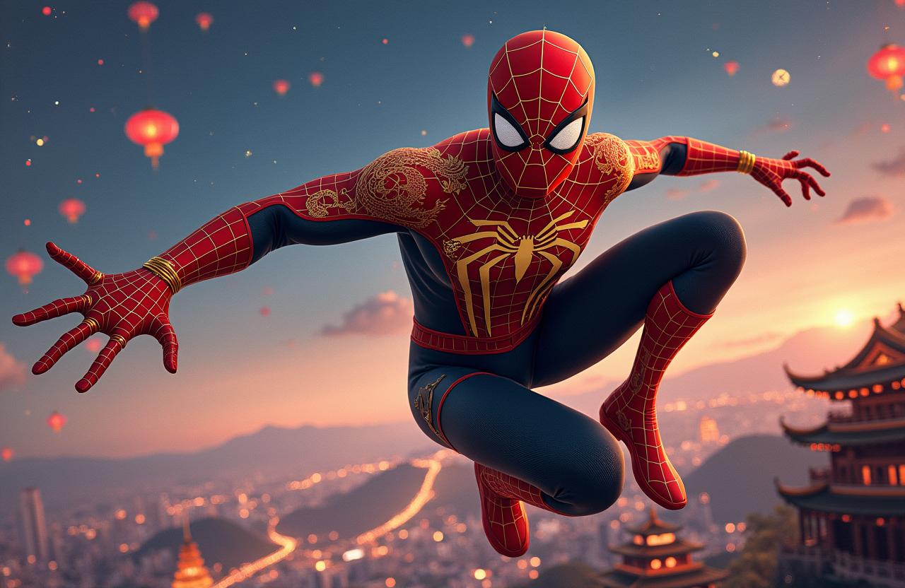 A captivating illustration of Chinese Spider-Man, featuring a costume that blends traditional Chinese motifs with the classic Spider-Man design