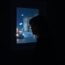 A young man with long dark blonde hair, wearing glasses, stands in fear in front of a window