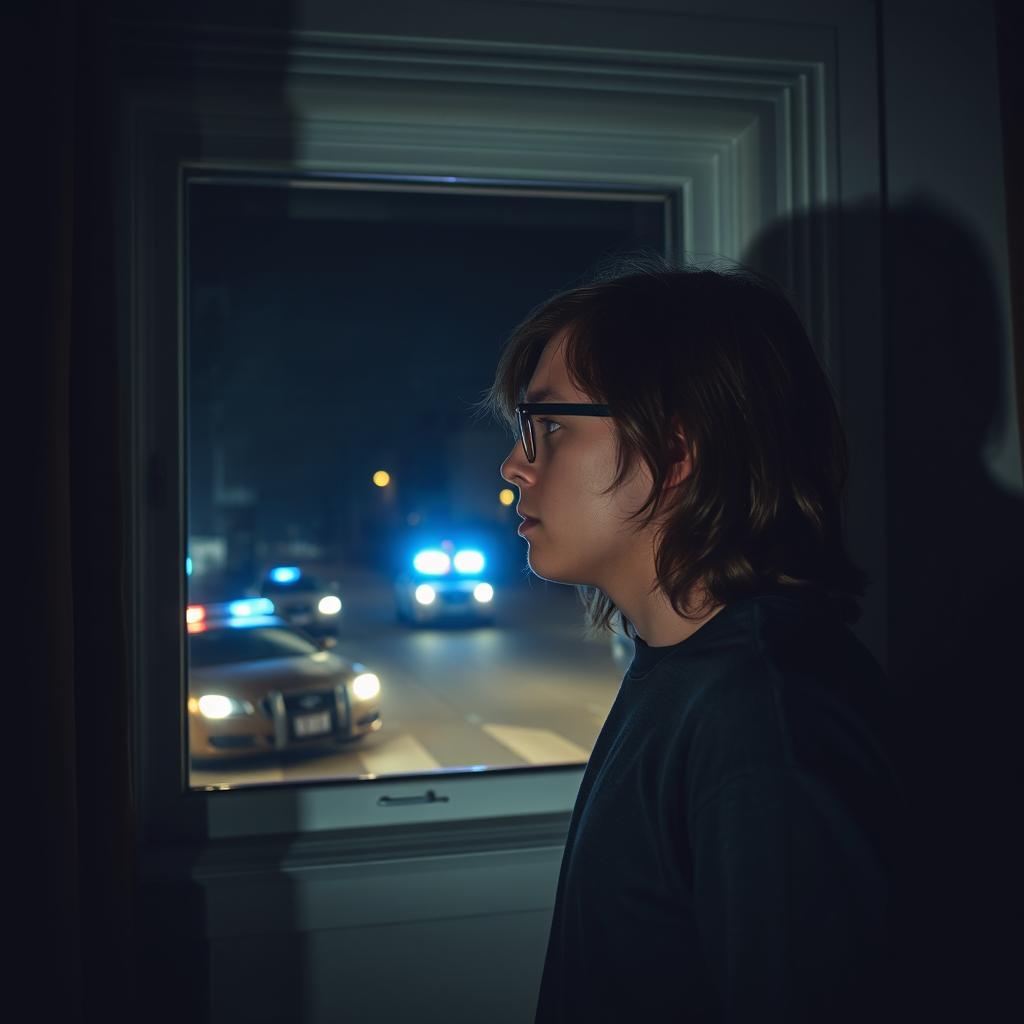 A young man with long dark blonde hair, wearing glasses, stands in fear in front of a window