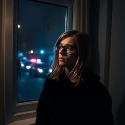 A young man with long dark blonde hair, wearing glasses, stands in fear in front of a window