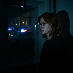 A young man with long dark blonde hair, wearing glasses, stands in fear in front of a window