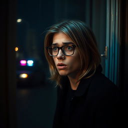 A young man with long, dark blonde hair wearing stylish glasses, looking frightened and startled while standing in front of a window