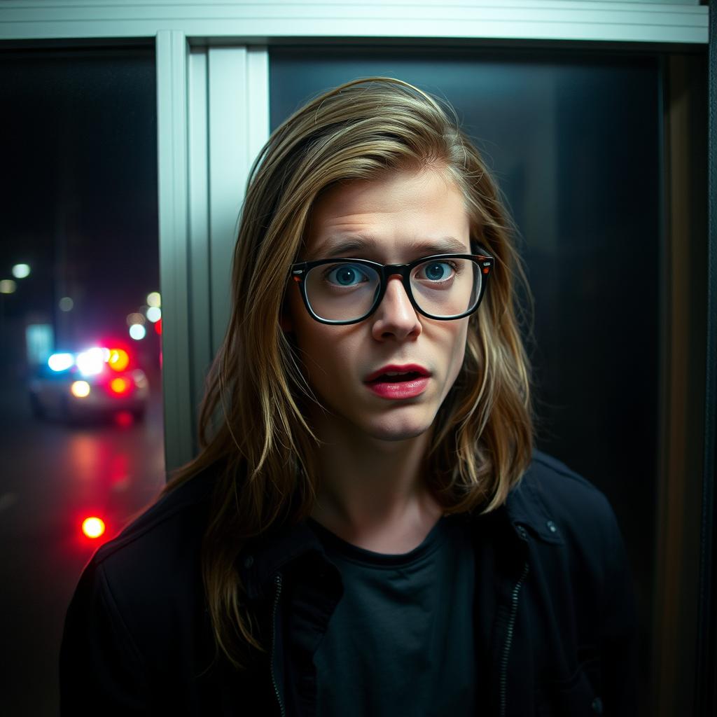 A young man with long, dark blonde hair wearing stylish glasses, looking frightened and startled while standing in front of a window
