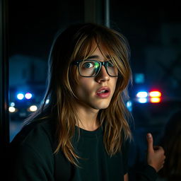 A young man with long, dark blonde hair wearing stylish glasses, looking frightened and startled while standing in front of a window