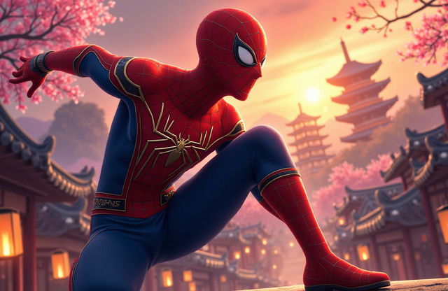 An exciting illustration of Korean Spider-Man, integrating traditional Korean elements into the classic Spider-Man suit