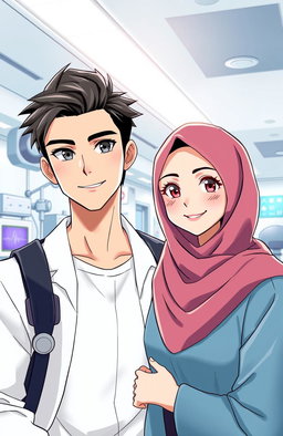 An anime-style illustration depicting a handsome man and a beautiful woman wearing a hijab standing close to each other