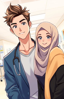 An anime-style illustration depicting a handsome man and a beautiful woman wearing a hijab standing close to each other