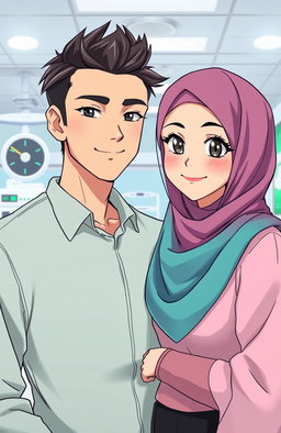 An anime-style illustration depicting a handsome man and a beautiful woman wearing a hijab standing close to each other