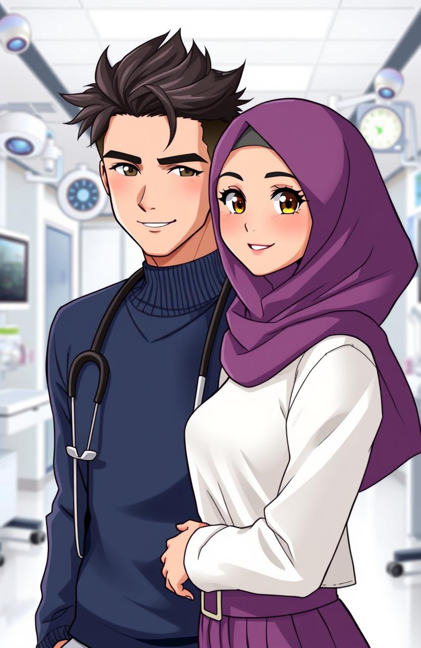 An anime-style illustration depicting a handsome man and a beautiful woman wearing a hijab standing close to each other
