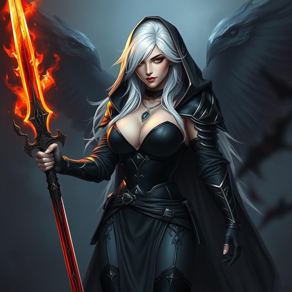 A sexy, big breasted female Shadar-Kai Hexblade Warrior with striking white hair, ascendant to the Raven Queen