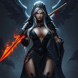 A sexy, big breasted female Shadar-Kai Hexblade Warrior with striking white hair, ascendant to the Raven Queen