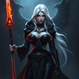A sexy, big breasted female Shadar-Kai Hexblade Warrior with striking white hair, ascendant to the Raven Queen