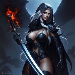 A sexy, big breasted female Shadar-Kai Hexblade Warrior with striking white hair, ascendant to the Raven Queen