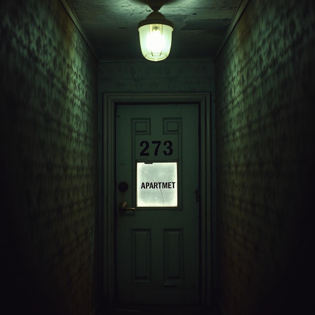 An eerie and dimly lit corridor of a cheap, run-down apartment building, featuring the ominous door of apartment number 273
