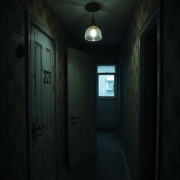 An eerie and dimly lit corridor of a cheap, run-down apartment building, featuring the ominous door of apartment number 273