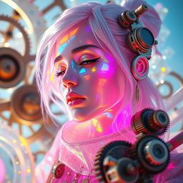 A futuristic holographic girl immersed in an aethereal and hyperliminal trance, surrounded by high-end steampunk elements