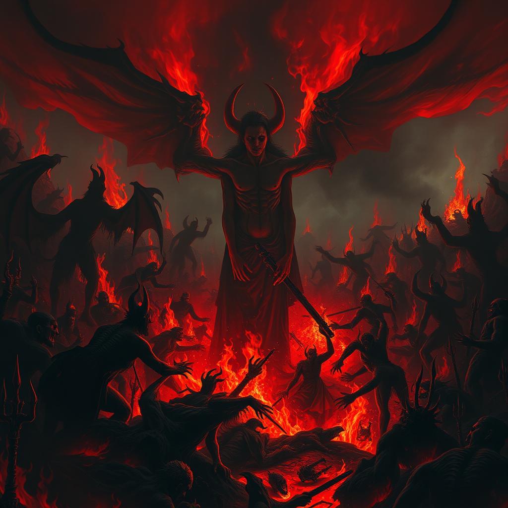 A surreal and dramatic scene depicting a person in hell, surrounded by intense flames and dark, ominous shadows