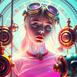 A futuristic holographic girl immersed in an aethereal and hyperliminal trance, surrounded by high-end steampunk elements