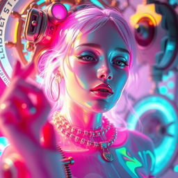 A futuristic holographic girl immersed in an aethereal and hyperliminal trance, surrounded by high-end steampunk elements