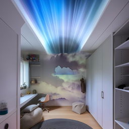 Create an image of a large room with a cloud-adorned ceiling. There's a bed attached to the wall in the middle, beside a vast mirror and a multi-compartment wardrobe. The floor boasts a cozy mat with a wall waterfall facing the bed. One wall, painted with a gradient of light and dark, is empty. The final elements include a substantial study table and wall shelves.