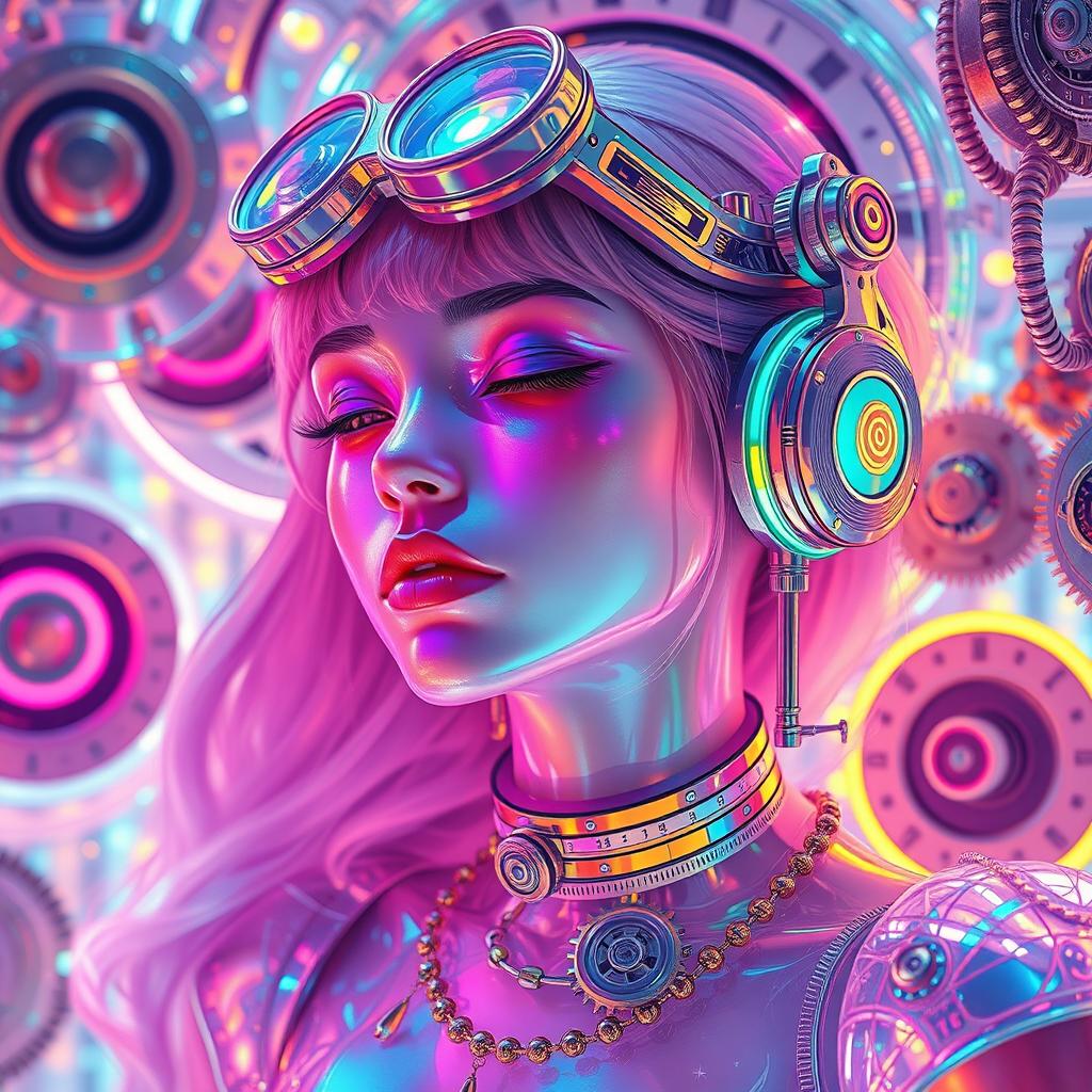 A futuristic holographic girl immersed in an aethereal and hyperliminal trance, surrounded by high-end steampunk elements
