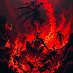 A surreal and dramatic scene depicting a person in hell, surrounded by intense flames and dark, ominous shadows