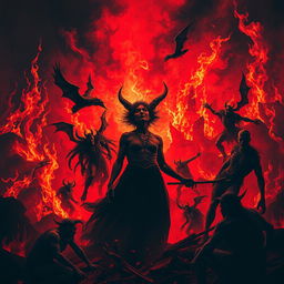 A surreal and dramatic scene depicting a person in hell, surrounded by intense flames and dark, ominous shadows