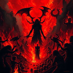 A surreal and dramatic scene depicting a person in hell, surrounded by intense flames and dark, ominous shadows