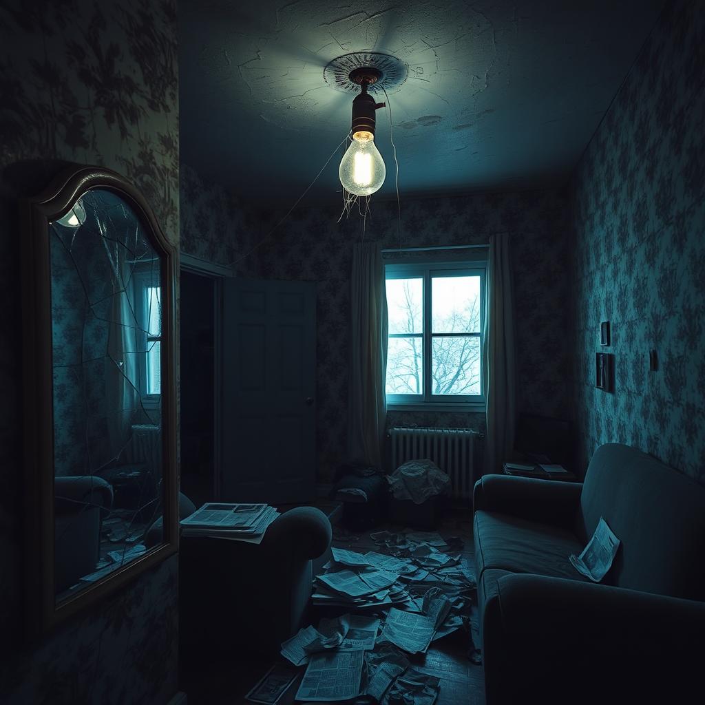 A dimly lit cheap apartment with peeling wallpaper and flickering fluorescent lights, creating a creepy atmosphere