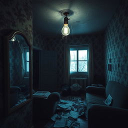 A dimly lit cheap apartment with peeling wallpaper and flickering fluorescent lights, creating a creepy atmosphere