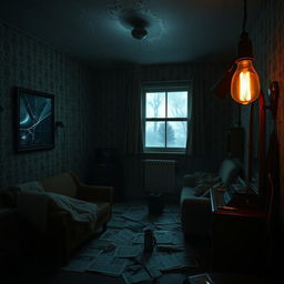A dimly lit cheap apartment with peeling wallpaper and flickering fluorescent lights, creating a creepy atmosphere