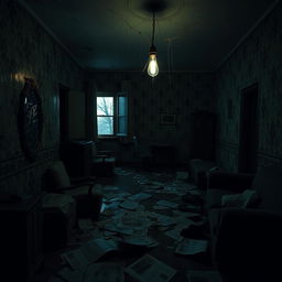 A dimly lit cheap apartment with peeling wallpaper and flickering fluorescent lights, creating a creepy atmosphere