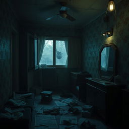 A dimly lit cheap apartment with peeling wallpaper and flickering fluorescent lights, creating a creepy atmosphere